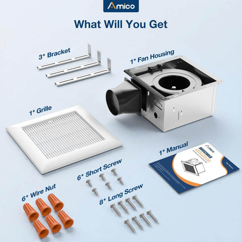 Quiet 110 CFM Bathroom Exhaust Fan With 1.0 Sones For Low Noise Bathroom Ventilation Ceiling Mounted No Attic Access Needed Easy Install 4 Inch Duct ETL And FCC Certified Amico unpacked with components