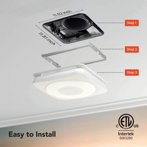 Installation steps of Must-Have 3-In-1 Bathroom Exhaust Fan With Light And Humidity Sensor, 11.81 x 11.02 inch opening.