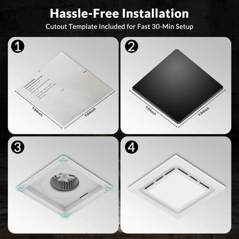 Installation steps for Ultra Quiet Bathroom Exhaust Fan With Light 144 CFM 1 Sone DC Motor 35W 6500K LED 11.8 inch grille.