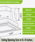 Diagram of Quiet 118 CFM Bathroom Exhaust Fan With LED Light Ceiling Mount Vent Fan, 4 inch duct, dimensions 8 x 8 inches.