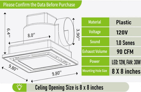 Diagram of Quiet 118 CFM Bathroom Exhaust Fan With LED Light Ceiling Mount Vent Fan, 4 inch duct, dimensions 8 x 8 inches.