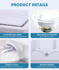 Product details of 100 CFM Bathroom Exhaust Fan With 3CCT LED Light, Ultra Quiet 1.0 Sone, showing LED light, motor, check valve, and buckle design.
