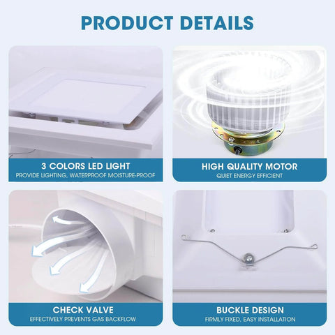 Product details of 100 CFM Bathroom Exhaust Fan With 3CCT LED Light, Ultra Quiet 1.0 Sone, showing LED light, motor, check valve, and buckle design.