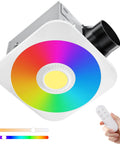 Bathroom Exhaust Fan With Light 160 CFM Quiet Vent 36W LED Light showing remote and RGB light ring colors