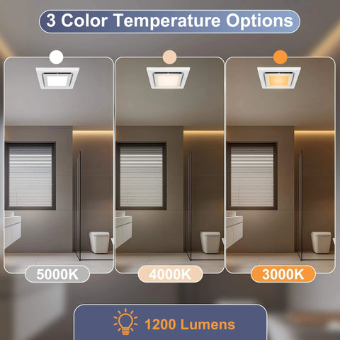 Whisper Quiet 110 CFM Bathroom Exhaust Fan With Light Gaciban, showing 3 CCT selectable LED light color temperatures.
