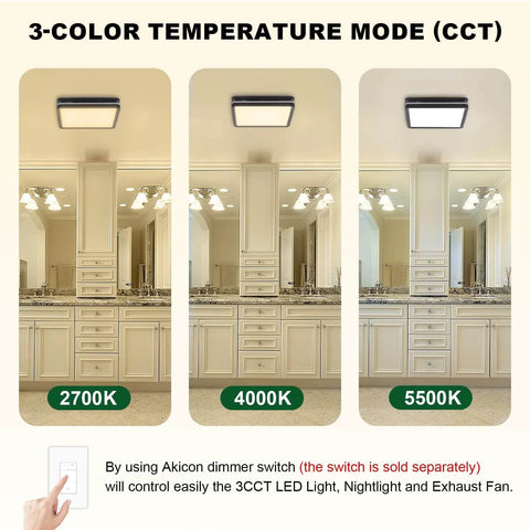 Bathroom Exhaust Fan With Light 80 CFM 2.0 Sones Quiet Ceiling Vent, Dimmable 15W LED with 3 CCT settings shown in bathroom.