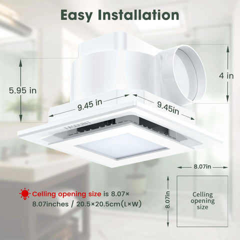 Diagram of 120 CFM Bathroom Exhaust Fan With Light Ultra Quiet 1.0 Sones Ceiling Mount Ventilation showing dimensions and size.