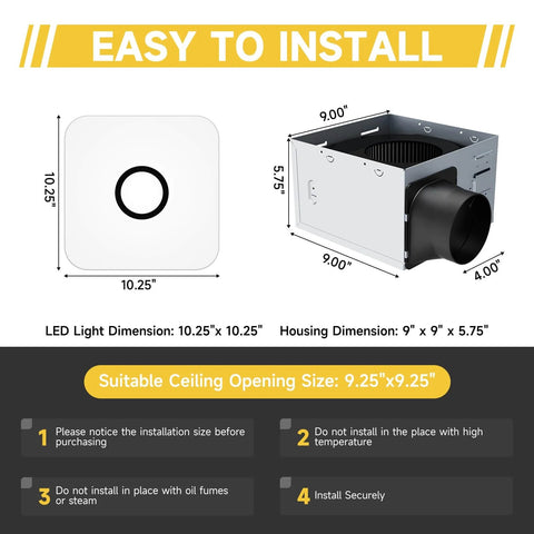Powerful 2-In-1 Bathroom Exhaust Fan With Light For Quick Moisture Removal And Odor Control, 130 CFM Quiet 1.5 Sones, 32W Motor, 1200-Lumen LED Light With Adjustable 3000K 4000K 5000K, No-Fuss Install OFANKU dimensions and installation guide