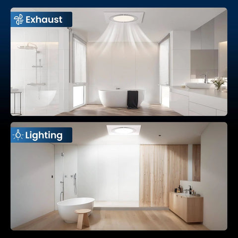 Quiet Square Bathroom Vent Fan With Light, 110 CFM, Adjustable LED Lighting 3000K 4500K 6500K, Ultra Low Noise 1.0 Sones in modern bathroom