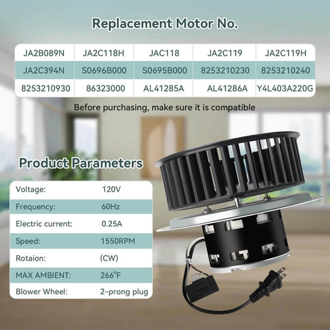 Upgrade QT-110N-B QT-80N-B QT-90N-B QT-9093 QT-100L Bathroom Fan Motor & Blower Wheel Replacement with specifications table