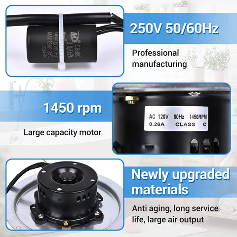 Close-up views of QT-100L QT-110-B QT-110N-B QT-90N-B Bathroom Fan Motor & Blower Wheel features like 1450 rpm and 250V specs