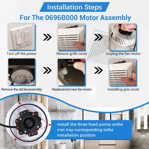 Installation steps for 0696B000 motor assembly in Nutone QT series fans with visual diagrams.