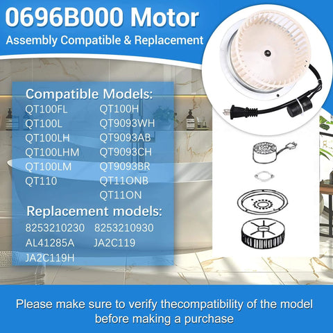 Image showing 0696B000 motor replacement compatibility chart with models including QT-100L QT-110-B QT-110N-B QT-90N-B.