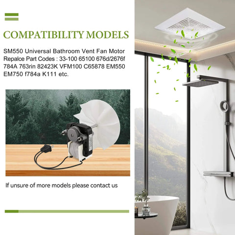 Universal Bathroom Fan Motor Replacement - SM550 Electric Vent Fan Motor Kit shown next to a bathroom ceiling vent installation.