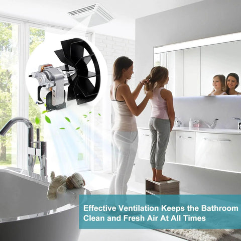 Bathroom with Broan Nutone fan motor replacement S97012038 installed, showing improved ventilation, family in background