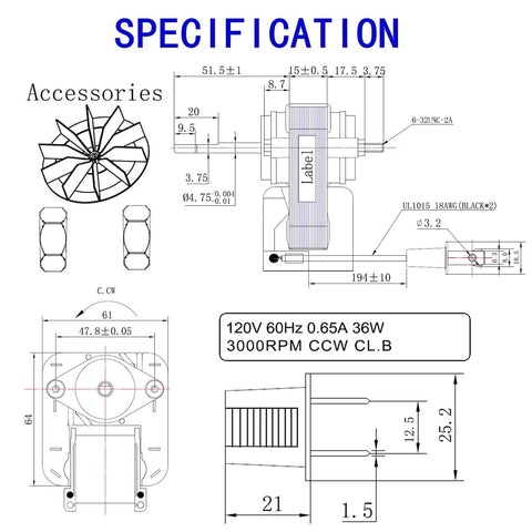 Technical diagram of Bathroom Vent Exhaust Fan Motor Replacement Electric Motors Kit Compatible with Nutone Broan Uppco 50CFM 120V.