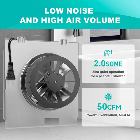 C350BN B Unit 50CFM Fan Compatible with Nutone 696N 695 B Unit, shown with blade and specifications in bathroom setting