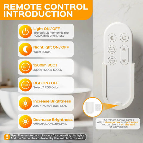 Remote control for Bathroom Exhaust Fan With Light 160 CFM Quiet Vent 36W LED Light 1500lm, mounted on wall