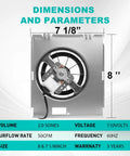 C350BN B Unit 50CFM Fan, Compatible with Nutone 696N(695) B Unit, size 8" x 7 1/8", copper motor, rear view with dimensions