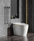Anti Hand Off Toilet Plunger With Holder For Bathroom, heavy duty bronze finish next to modern toilet against a dark wall.