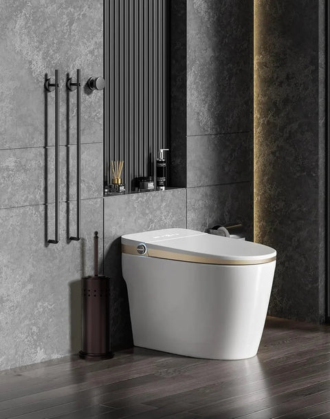 Anti Hand Off Toilet Plunger With Holder For Bathroom, heavy duty bronze finish next to modern toilet against a dark wall.