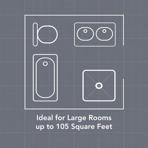 Illustration of a bathroom layout suitable for Powerful 110 CFM Bathroom Vent Fan With Quiet One Point Zero Sones And Easy Install ENERGY STAR Certified For Bathrooms Up To 105 Sq Ft By Broan NuTone Perfect For Foggy Mirrors And Fresh Air In Master Or Powder Rooms.