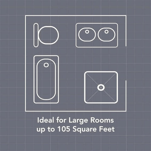 Bathroom layout diagram showing fixtures for ideal room size up to 105 square feet