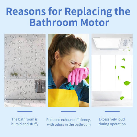 Collage showing reasons for replacing bathroom motor including humidity, odor, and noise for SM550 Universal Bathroom Vent Exhaust Fan Motor Replacement Kit SM550 Compatible with Nu.Tone Broan 50 CFM 120V 3000 RPM, Replaces EM550 C01575 65100 EM750 C65878 VFM100