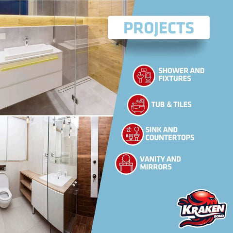 Bathroom with shower, sink, and vanity showing project areas for Clear Silicone Caulk Sealant For Kitchen And Bathroom, 100 Percent Silicone, Waterproof And Anti Shrink, Crystal Clear Finish For Shower Sink Tub Tile And Countertops, Invisible Joint Sealing, Easy Application, 12 Pack 10.1 Fl Oz Each.