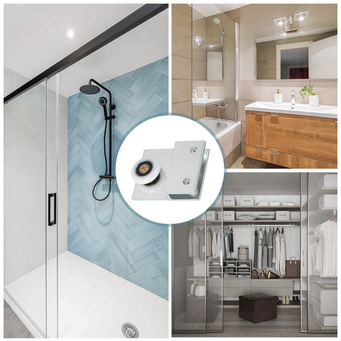 Frameless Sliding Shower Door Roller Replacement Set With Aluminum Alloy Flat Edge Wheels 26mm Diameter For 8 To 10mm Thick Glass Silver Finish Durable 2 Pack For Bathroom Glass Doors Easy Install And Smooth Operation displayed in various bathroom and closet settings.
