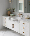 Stylish bathroom showing Antique Brass Zinc Alloy Cabinet Pulls 5 Inch Center To Center Heavy Duty Vintage Retro Drawer Handles.