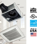 Powerful 110 CFM Bathroom Vent Fan With Quiet One Point Zero Sones And Easy Install ENERGY STAR Certified For Bathrooms Up To 105 Sq Ft By Broan NuTone Perfect For Foggy Mirrors And Fresh Air In Master Or Powder Rooms, front and side view with dimensions and certifications