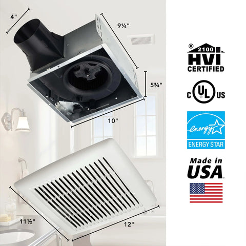 Powerful 110 CFM Bathroom Vent Fan With Quiet One Point Zero Sones And Easy Install ENERGY STAR Certified For Bathrooms Up To 105 Sq Ft By Broan NuTone Perfect For Foggy Mirrors And Fresh Air In Master Or Powder Rooms, front and side view with dimensions and certifications