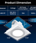 Diagram showing Quiet Square Bathroom Vent Fan With Light, 110 CFM, adjustable LED lighting, scrub proof ABS construction dimensions.