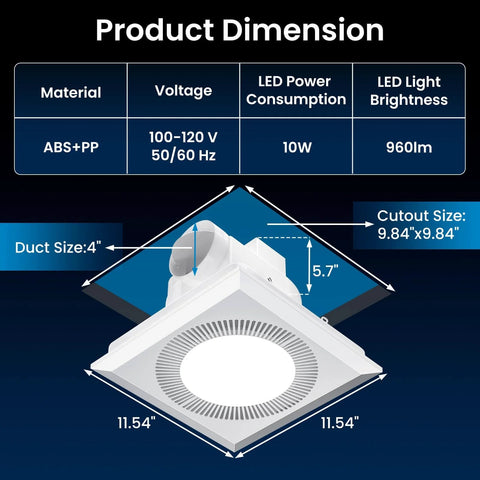 Diagram showing Quiet Square Bathroom Vent Fan With Light, 110 CFM, adjustable LED lighting, scrub proof ABS construction dimensions.
