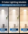 Quiet Square Bathroom Vent Fan With Light, 110 CFM, Adjustable LED Lighting 3000K 4500K 6500K, ultra low noise, 3 color modes