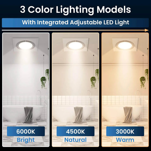 Quiet Square Bathroom Vent Fan With Light, 110 CFM, Adjustable LED Lighting 3000K 4500K 6500K, ultra low noise, 3 color modes