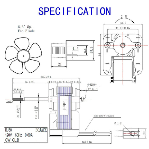 Technical diagram of Bathroom Vent Fan Motor 120V 60Hz 0.60A 30W Compatible with 686,687,8870,M686 YJF6158 showing dimensions.