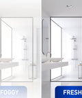 Comparison of bathroom mirrors; one foggy and one clear, with overhead Whisper Recessed 80 CFM Bathroom Vent Fan With Dimmable 11W LED Light.