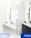 Comparison of bathroom with foggy and fresh air using Whisper Quiet Pick A Flow Bath Exhaust Fan For Ceiling Or Wall Mount With DC ECM Motor.