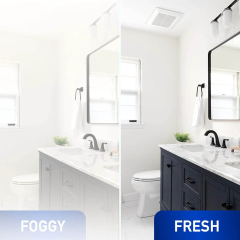 Comparison of bathroom with foggy and fresh air using Whisper Quiet Pick A Flow Bath Exhaust Fan For Ceiling Or Wall Mount With DC ECM Motor.