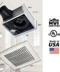 Easy Roomside Installation 110 CFM Bathroom Ventilation Fan Keeps Mirrors Crystal Clear And Quiet 3.0 Sones For Bathrooms Up To 105 Sq Ft White Broan NuTone shown with dimensions and certifications