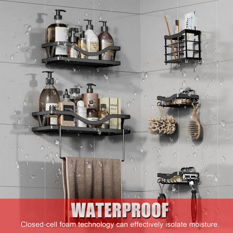 Bathroom wall shelves with toiletries, towels, and brushes highlighted with 'WATERPROOF' label, closed-cell foam technology mentioned.
