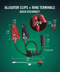 Alligator clips and ring terminals for 12V 1.25 Amp Car And Motorcycle Battery Charger And Maintainer With Float Charge For Automotive And ATVs.