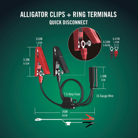 Alligator clips and ring terminals for 12V 1.25 Amp Car And Motorcycle Battery Charger And Maintainer With Float Charge For Automotive And ATVs.
