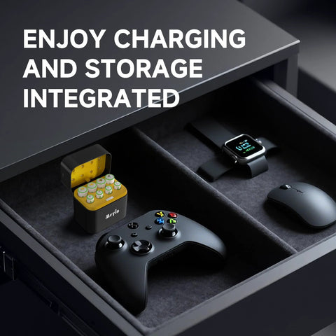 8 Slot Rechargeable Battery Charger Kit with 4 AA and 4 AAA Li Batteries next to gaming controller and smartwatch in drawer.