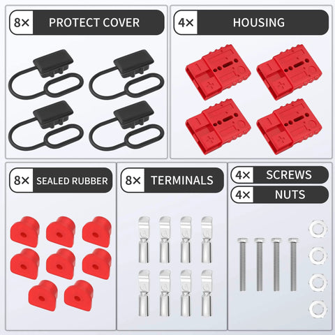 Components of Four Pack 50 Amp Battery Quick Connect Disconnect Connector Kit For 6 To 12 AWG Cable 600V Wire Harness Plug