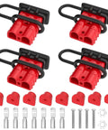 Four Pack 50 Amp Battery Quick Connect Disconnect Connector Kit For 6 To 12 AWG Cable 600V Wire Harness Plug For Car Winch And Trailer Use In RVs Boats And More, showing red connectors, terminals, bolts, and nuts.