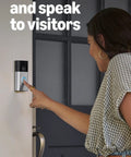 Person pressing Battery Doorbell With Head To Toe Video For Home Or Business, Live View And Two Way Talk, Satin Nickel Finish