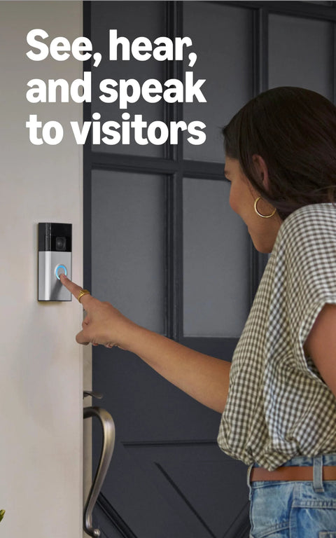 Person pressing Battery Doorbell With Head To Toe Video For Home Or Business, Live View And Two Way Talk, Satin Nickel Finish